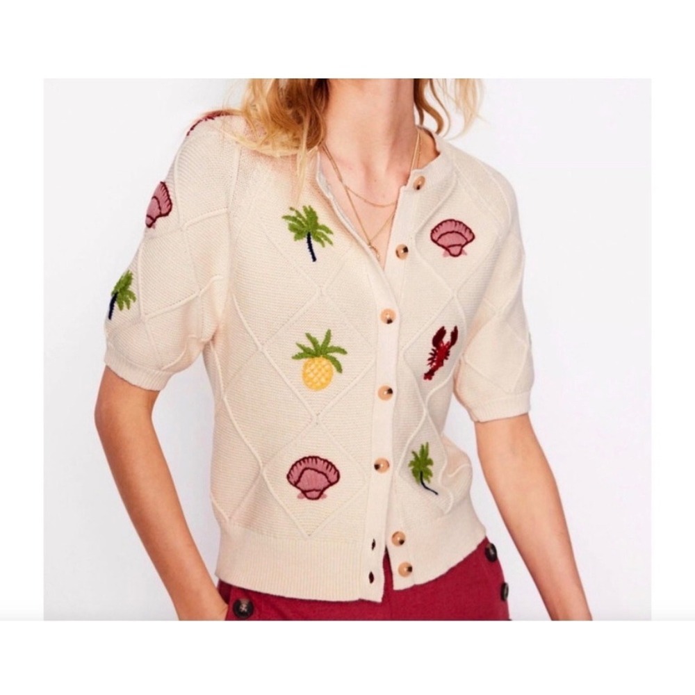Boden Womens Large Embroidered T Shirt Cardigan Sweater Cream Tropical Beach